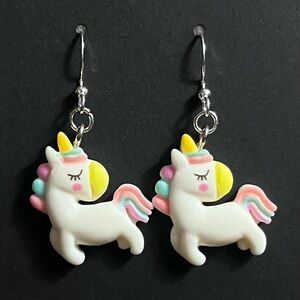 Cute White Unicorn Drop Earrings with Pastel Mane & Tail